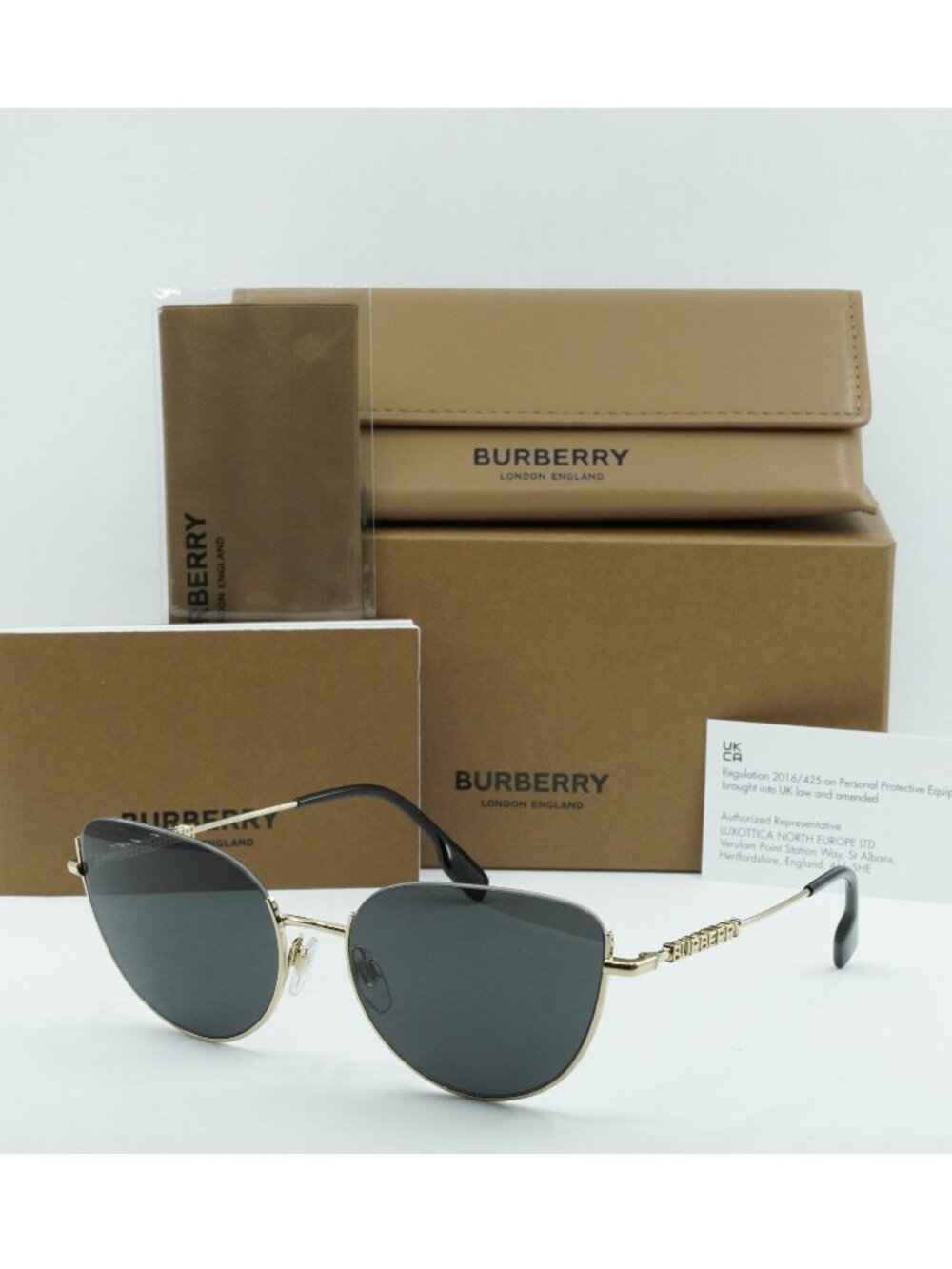 Burberry BE3144 110987 Cat Eye Sunglasses - Light Gold/ Dark Grey